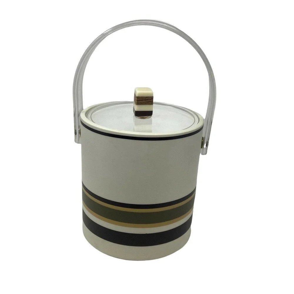 Cera Vintage MCM Striped Cream/Brown Plastic Ice Bucket w/ Lucite Handle